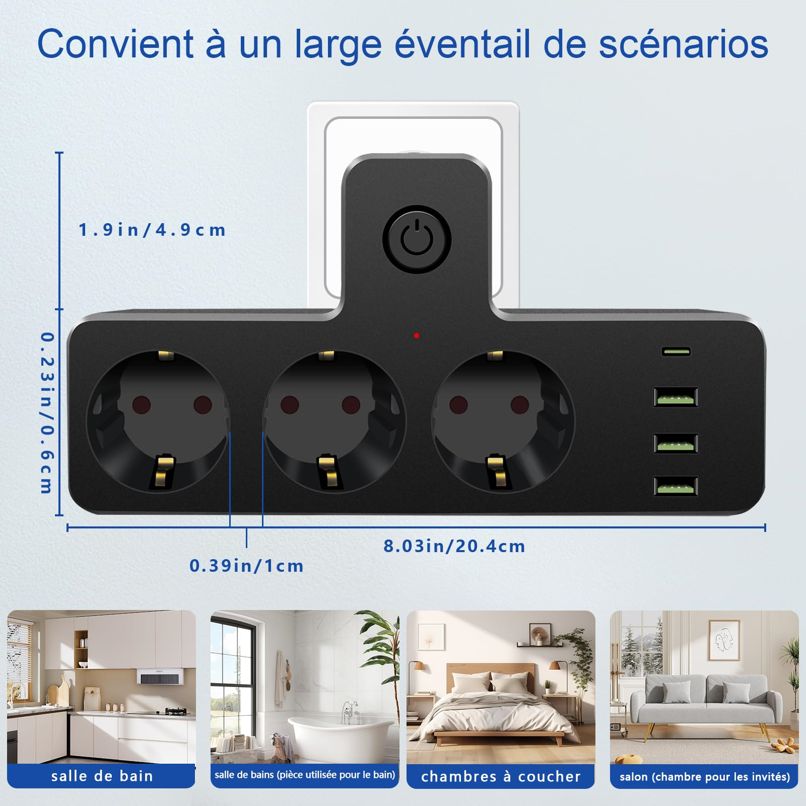 Eine schwarze Steckdosenleiste mit drei Steckdosen, drei USB-Anschlüssen und Abmessungen. Der Hintergrund zeigt Raumszenen.
