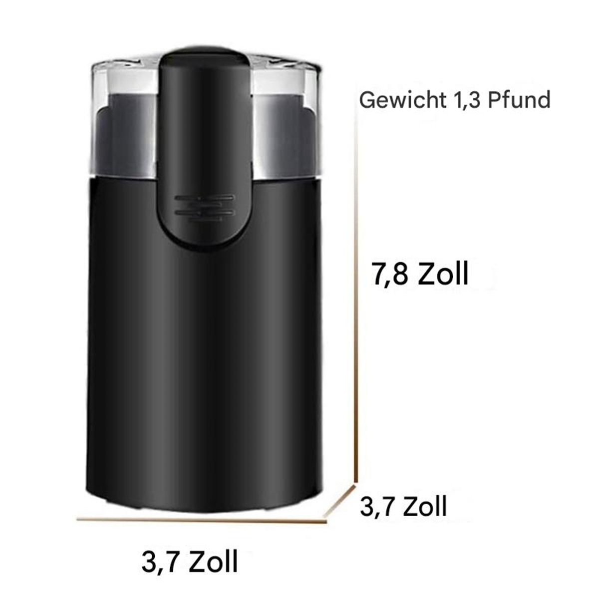 Schwarze Kaffeemühle mit Abmessungen und Gewichtsangaben.