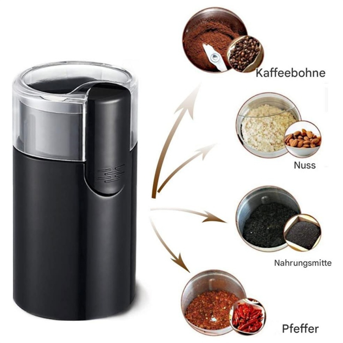 Schwarze Kaffeemühle mit verschiedenen Zutaten: Kaffeebohnen, Nüsse und Chilischoten.