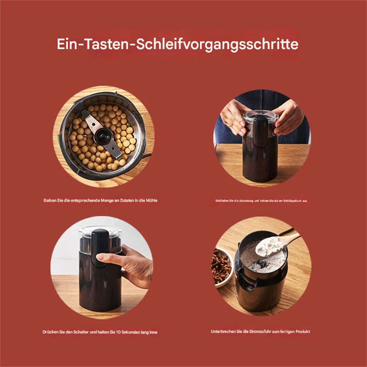 Schritte zum Mahlen von Lebensmitteln in einer Mühle, Zutaten und Prozess zeigend.