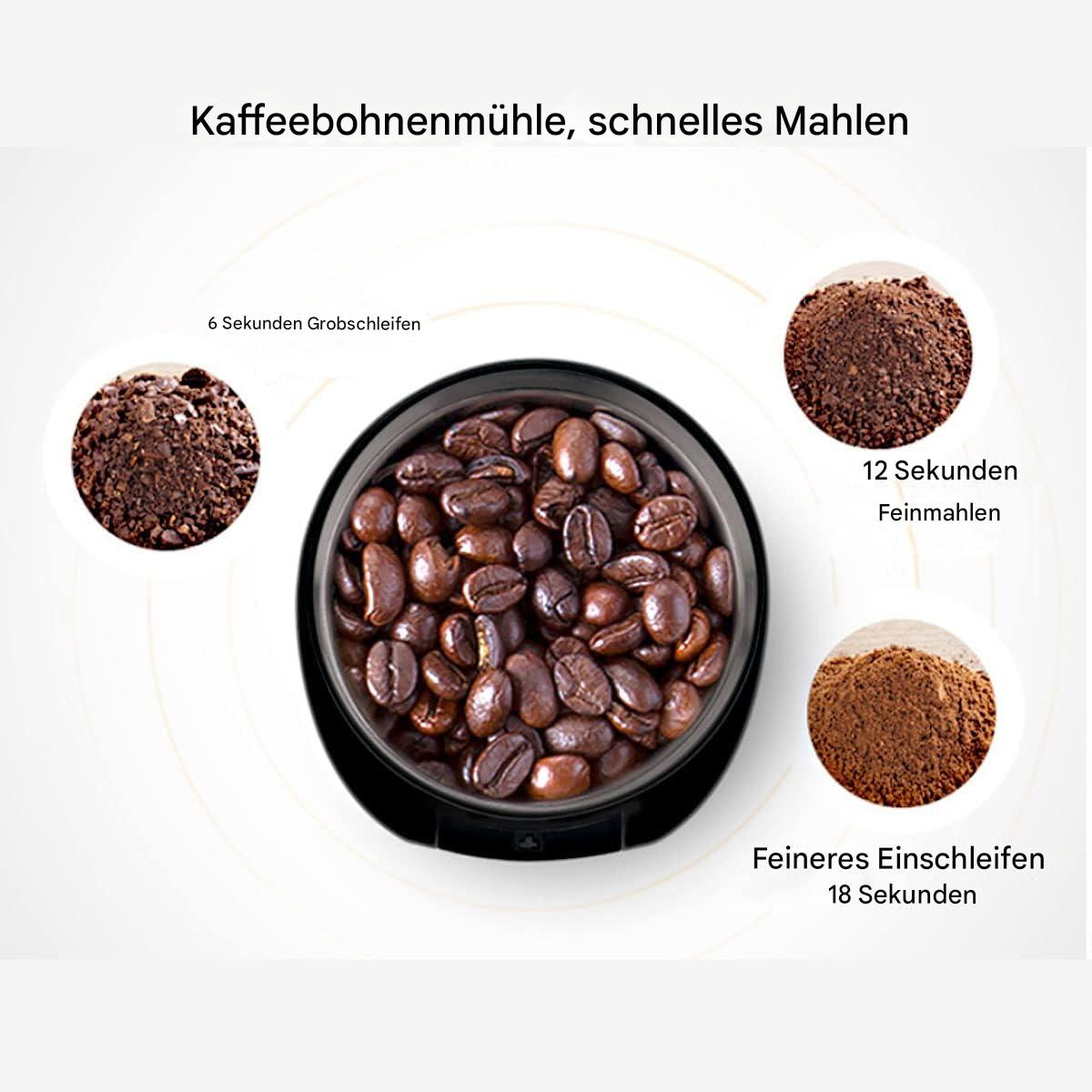 Kaffeebohnen in einer Kaffeemühle. Zeigt 6, 12 und 18 Sekunden Mahlzeit.
