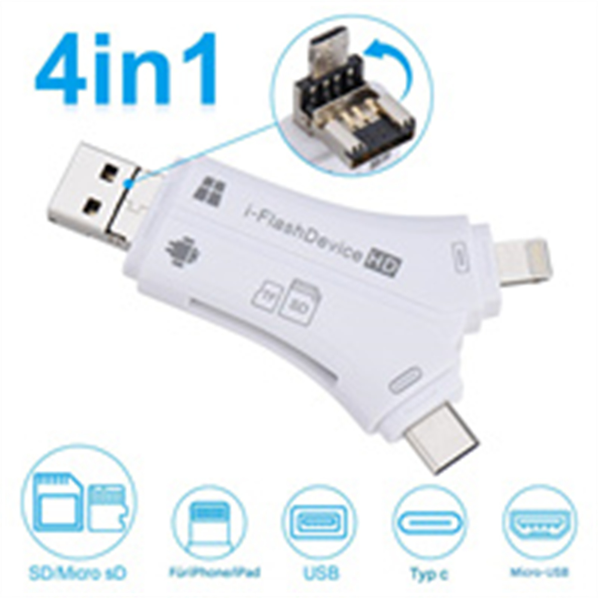 Weißer 4-in-1-USB-Adapter. Er hat USB-, Typ-C- und Micro-USB-Anschlüsse.