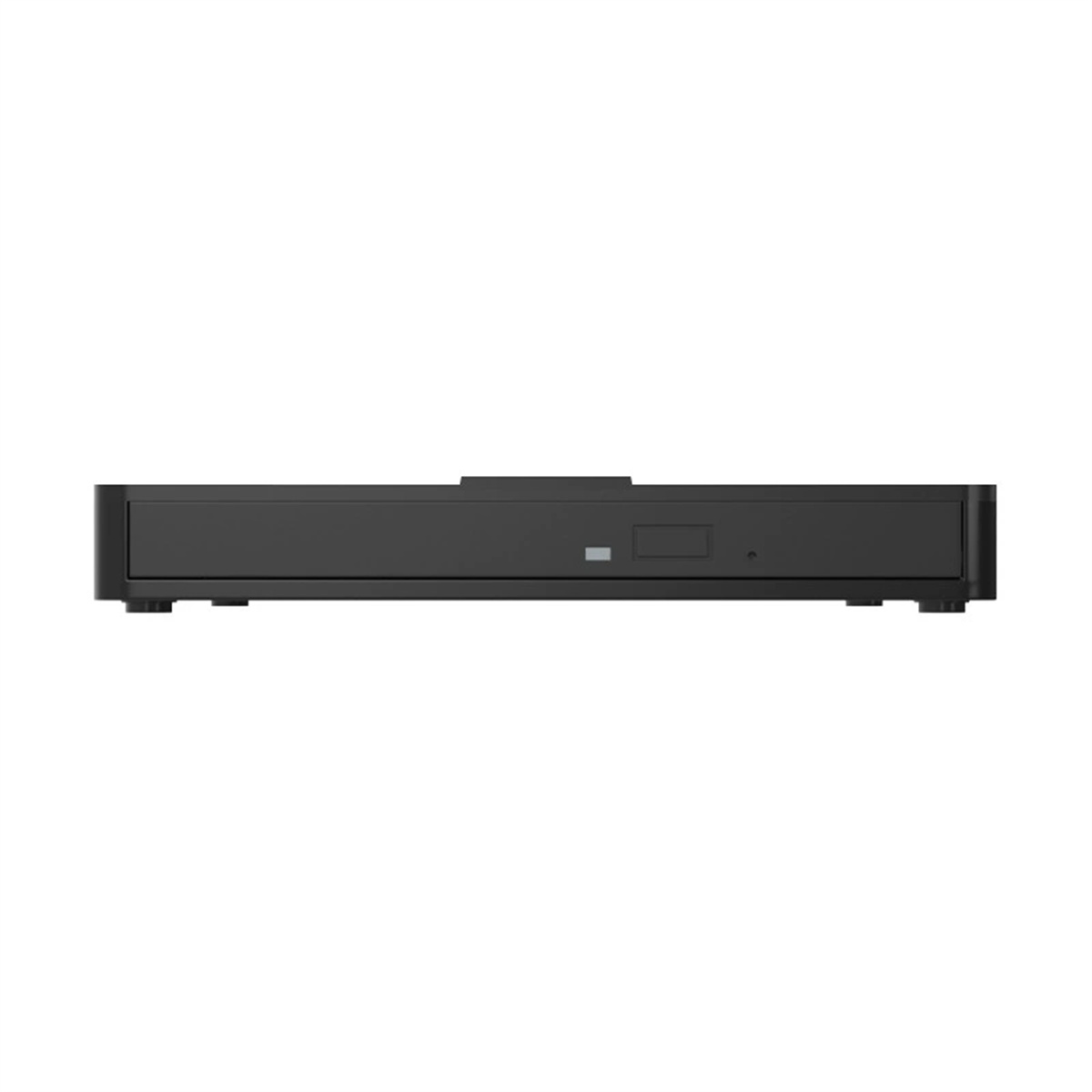 Schwarzer DVD-Player. Er hat einen Steckplatz und eine Taste. Er befindet sich auf weißer Oberfläche.