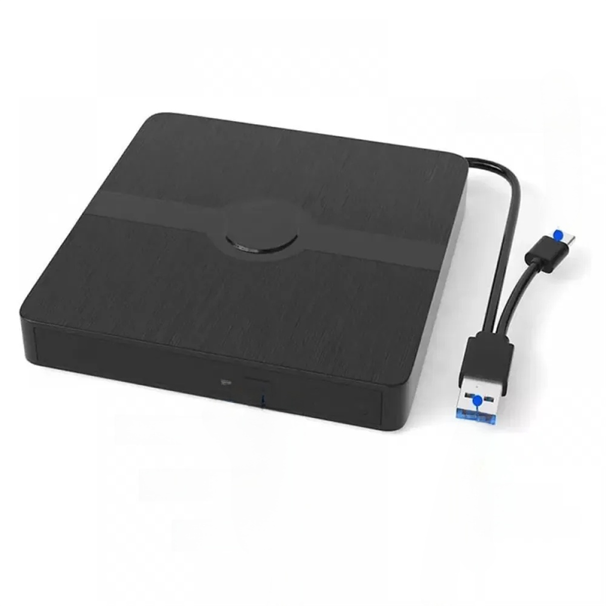 Schwarze externe Festplatte mit USB-Kabel. Weißer Hintergrund. Schlankes Design.