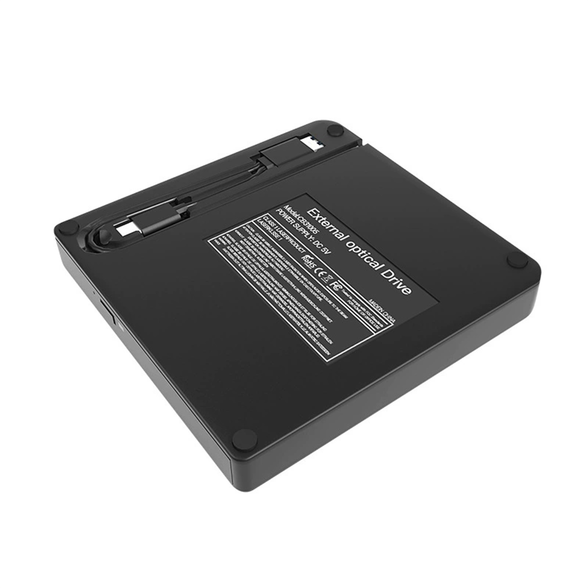 Ein schwarzes externes optisches Laufwerk auf weißem Hintergrund. Es hat ein USB-Kabel und ein Etikett oben.