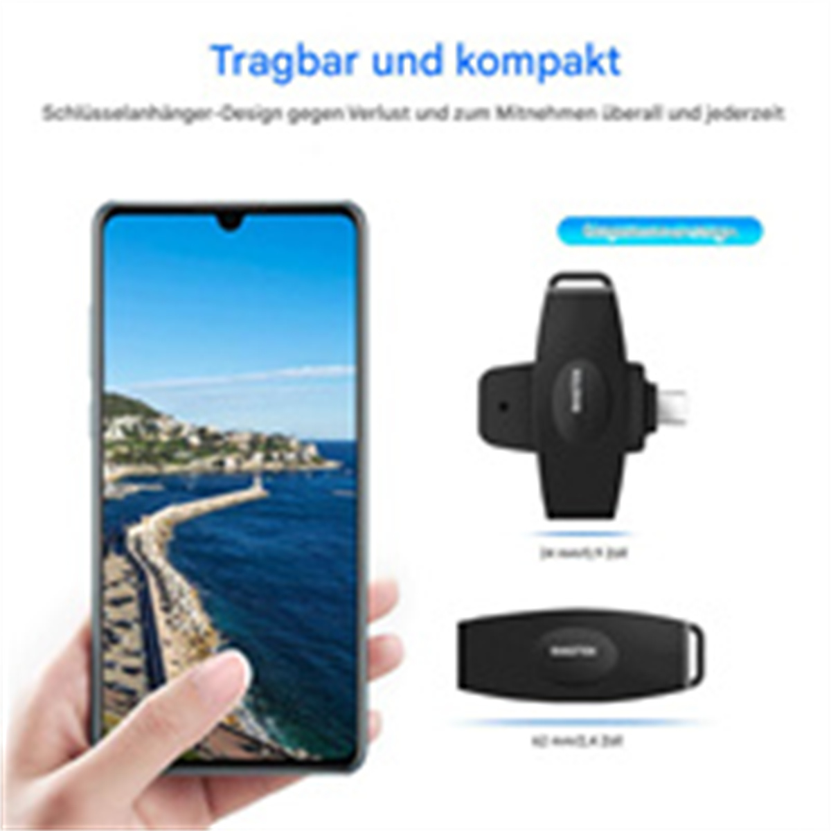Eine Hand, die ein Telefon mit Küstenansicht hält. Zubehör liegt in der Nähe.