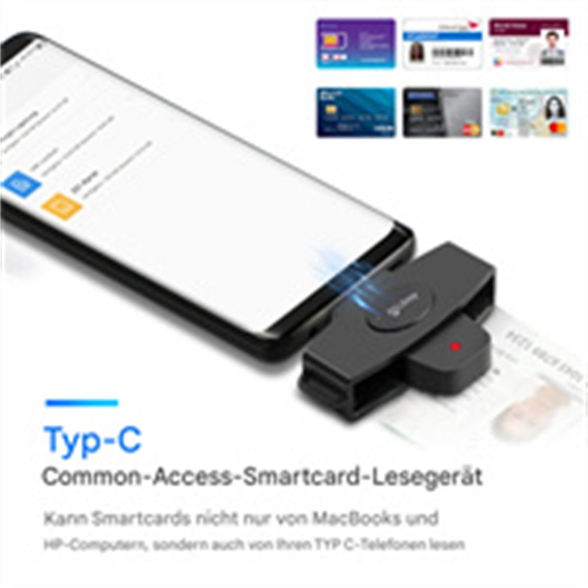 Ein schwarzes Kartenlesegerät, das mit einem Telefon verbunden ist. Kreditkarten sind im Hintergrund abgebildet.