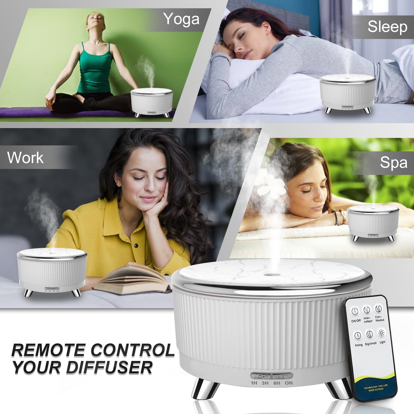 Diffusor mit Fernbedienung. Bilder zeigen Yoga-, Schlaf-, Arbeits- und Spa-Einstellungen.