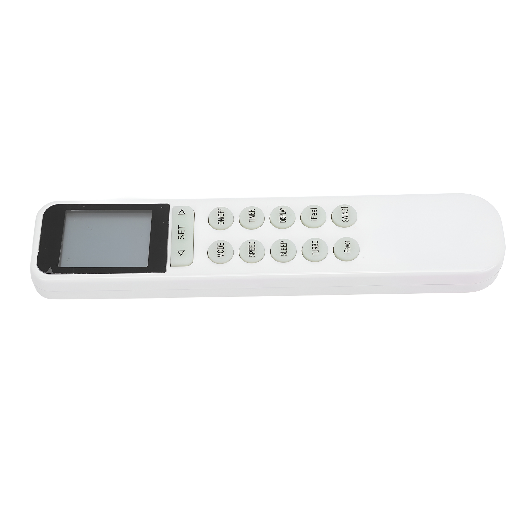 Weiße Fernbedienung mit Knöpfen. Schwarzer Bildschirm. Knöpfe mit On/Off, Timer usw. beschriftet.