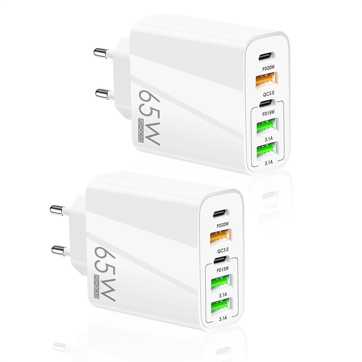 Zwei weiße 65W-Ladegeräte mit mehreren Anschlüssen. Text auf dem Ladegerät enthält PD20W, QC3.0 und 3.1A.
