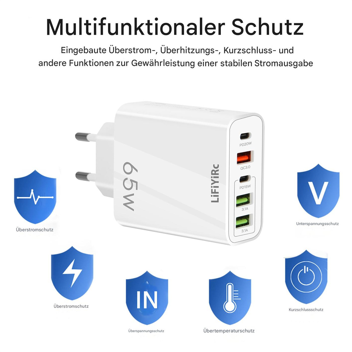 Ein weißer Netzadapter mit mehreren Anschlüssen und Sicherheitssymbolen, beschriftet 65W, LiFiyiRc.