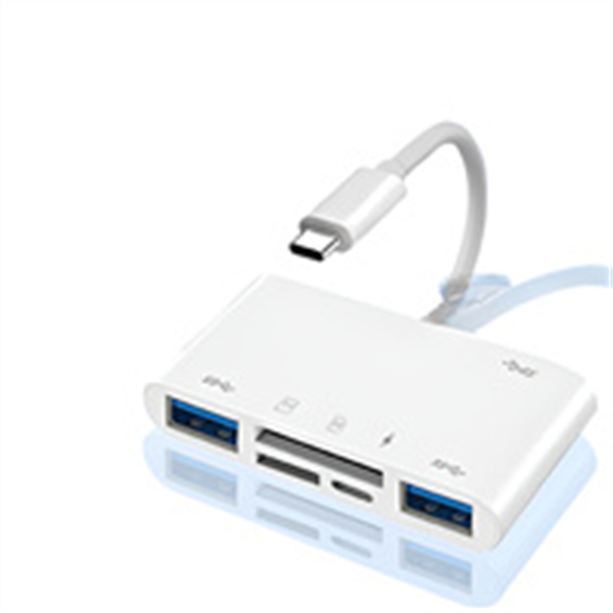 Weißer USB-Hub. Verfügt über USB-Anschlüsse, einen SD-Kartensteckplatz und einen USB-C-Anschluss. Reflektierende Oberfläche.