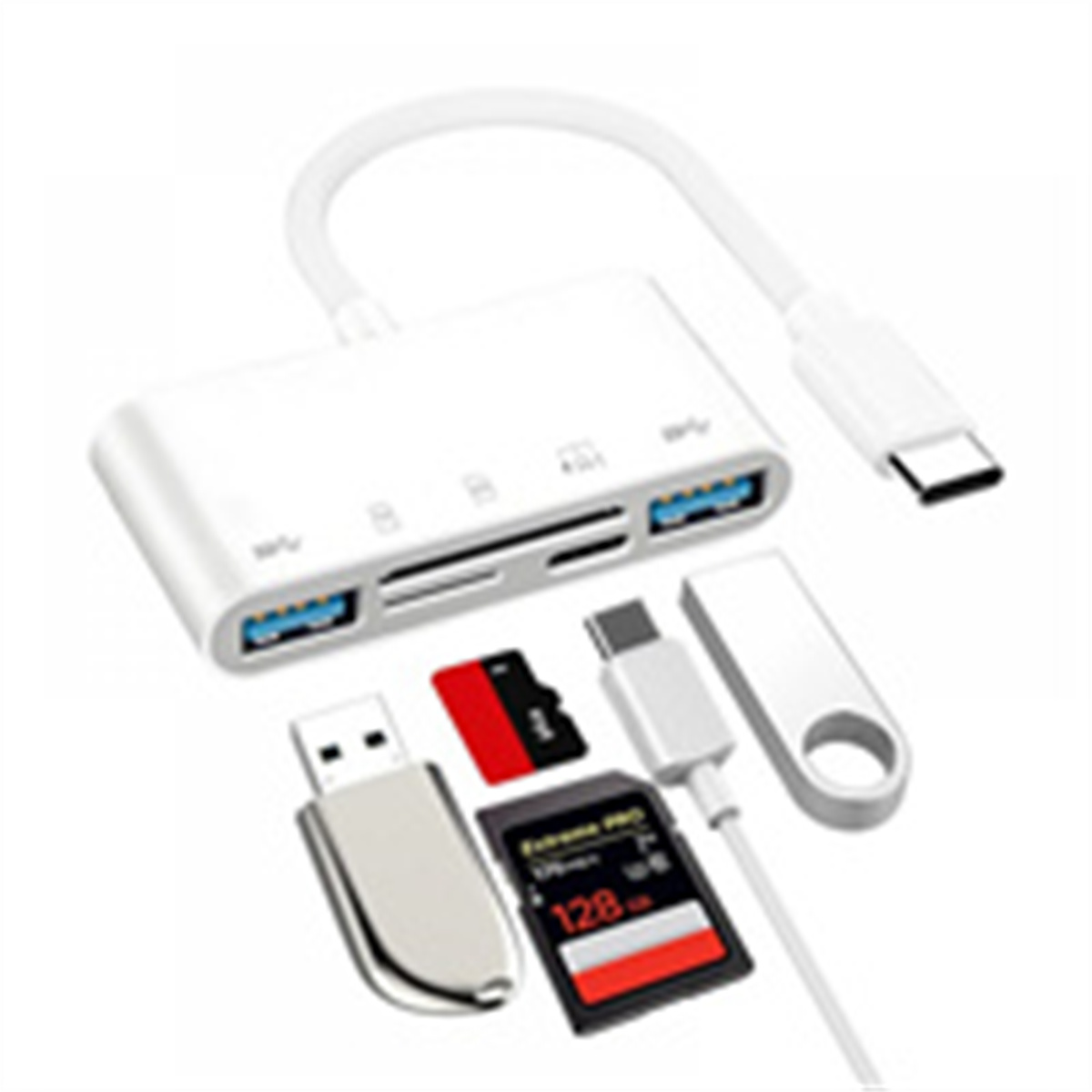 Weißer USB-C-Hub mit verschiedenen Anschlüssen und angeschlossenen USB-Laufwerken und SD-Karten.