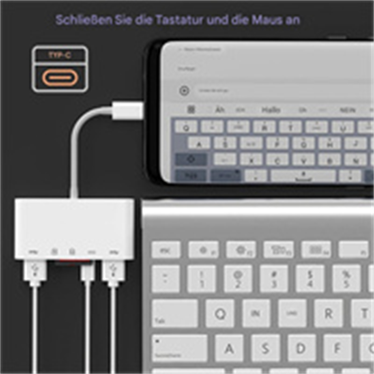Ein weißer Hub, der mit einem Telefon, einer Tastatur und einer Maus verbunden ist, mit Textüberlagerung.