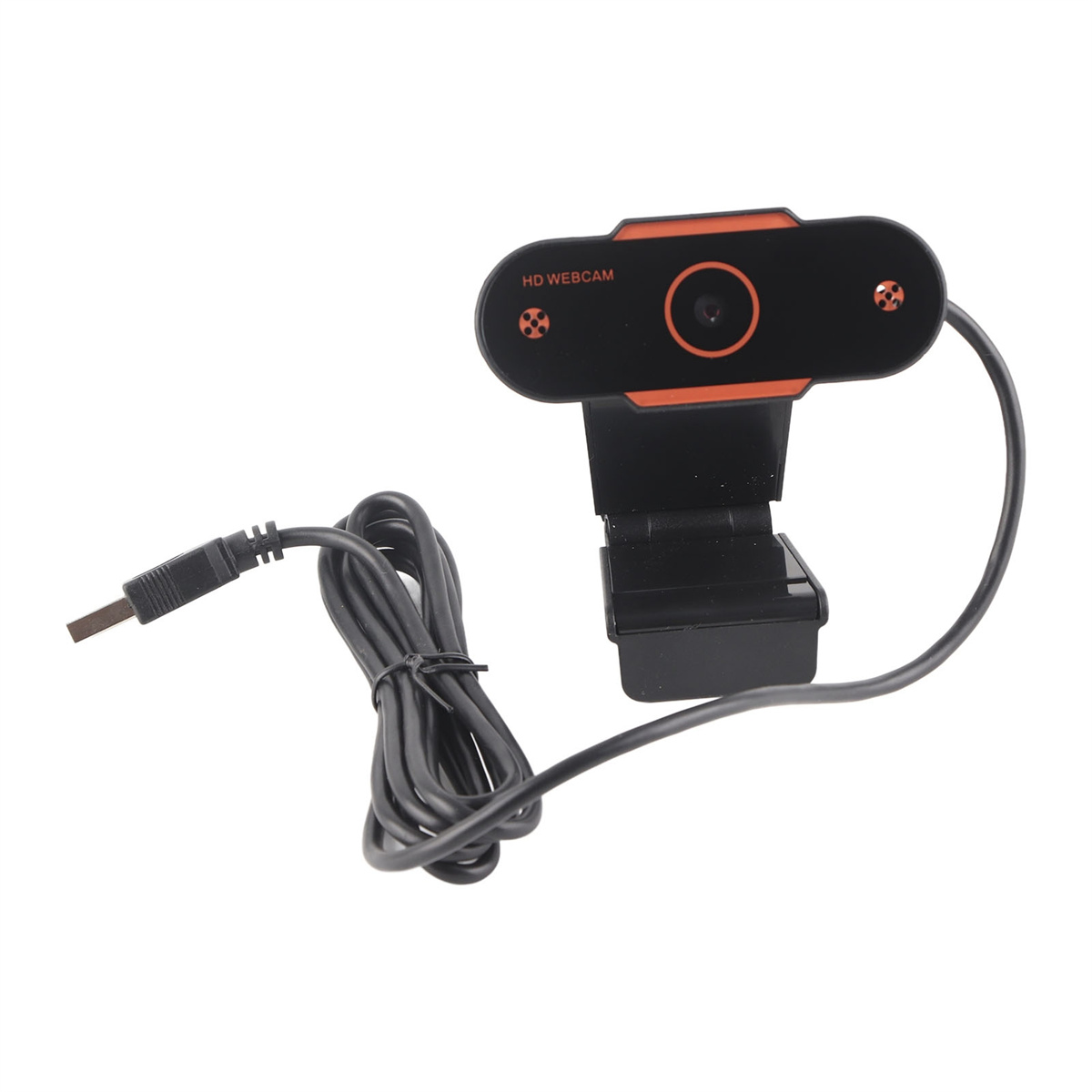 Schwarze Webcam mit orangefarbenen Akzenten. Kabel und Stecker. Weißer Hintergrund.