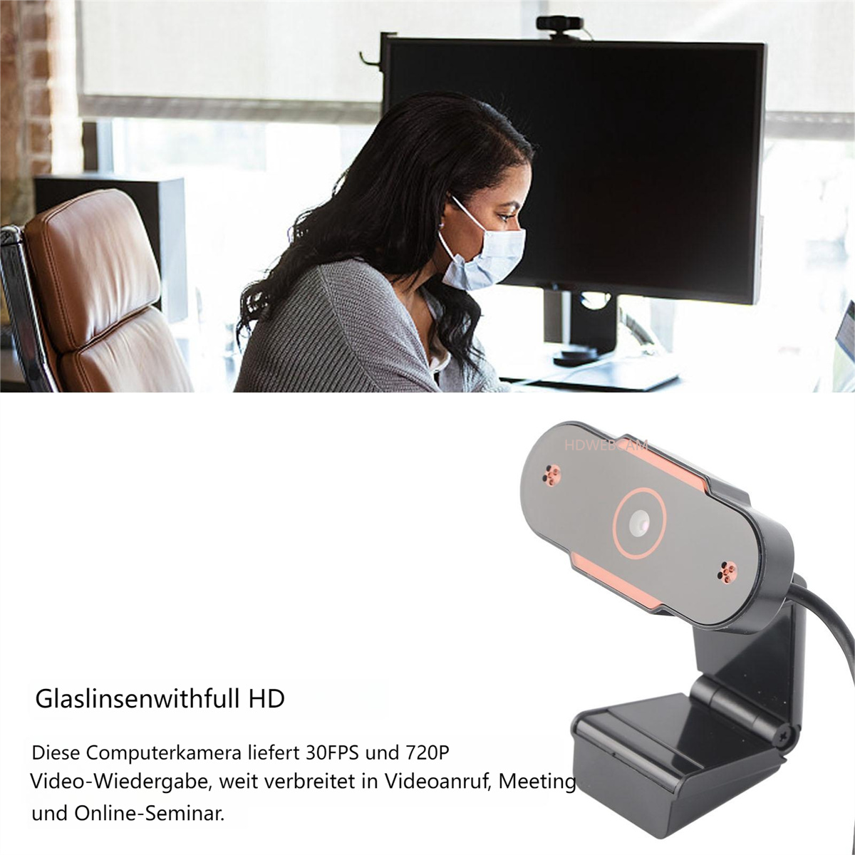 Frau mit Maske und Webcam auf dem Schreibtisch. HD-Webcam im Vordergrund.