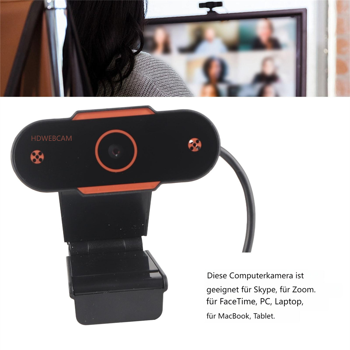 Schwarze Webcam mit orangefarbenen Akzenten, angeschlossen an ein Kabel, unterhalb eines Bildschirms positioniert.