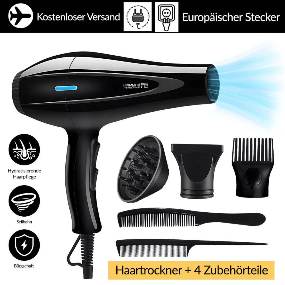 Schwarzer Haartrockner mit Aufsätzen und Symbolen für Haarpflege, auf weißem Hintergrund.
