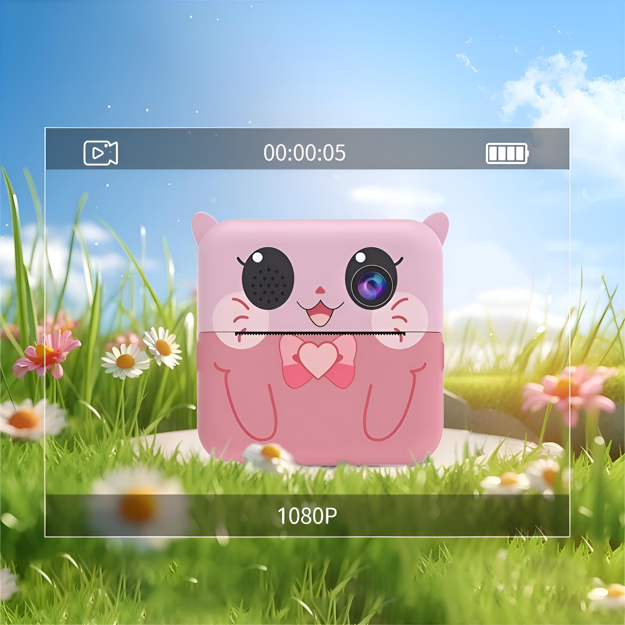Eine rosa Spielzeugkamera mit einem Cartoon-Gesicht. Sie befindet sich auf einer Wiese mit Blumen und blauem Himmel.