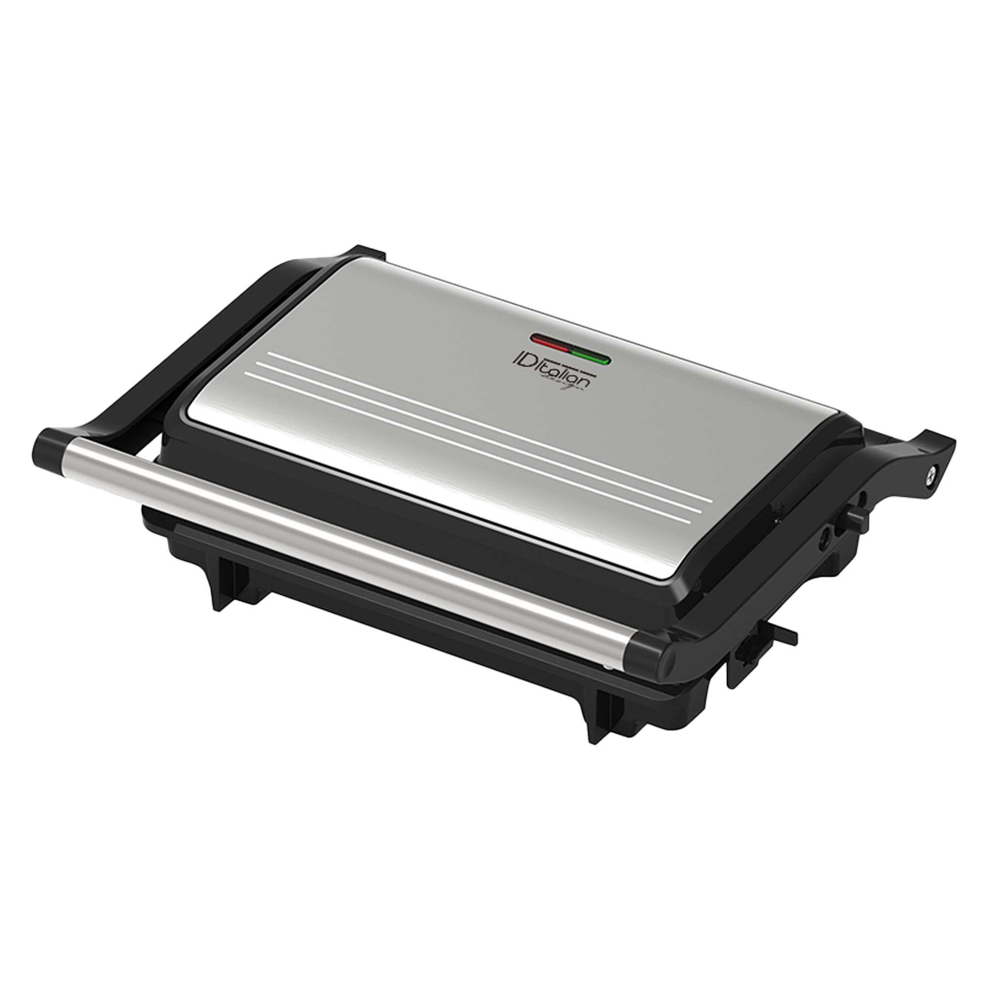 Silver and black panini press. It is closed, the handle is up. Green light is on the top.