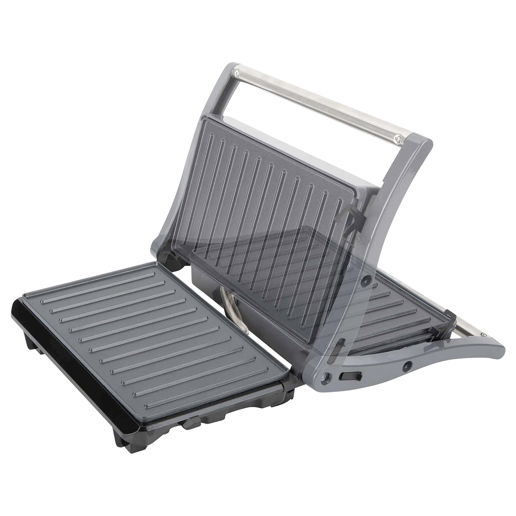 Opened gray panini press on white. The top is up, showing the grill plates. The handle is silver.