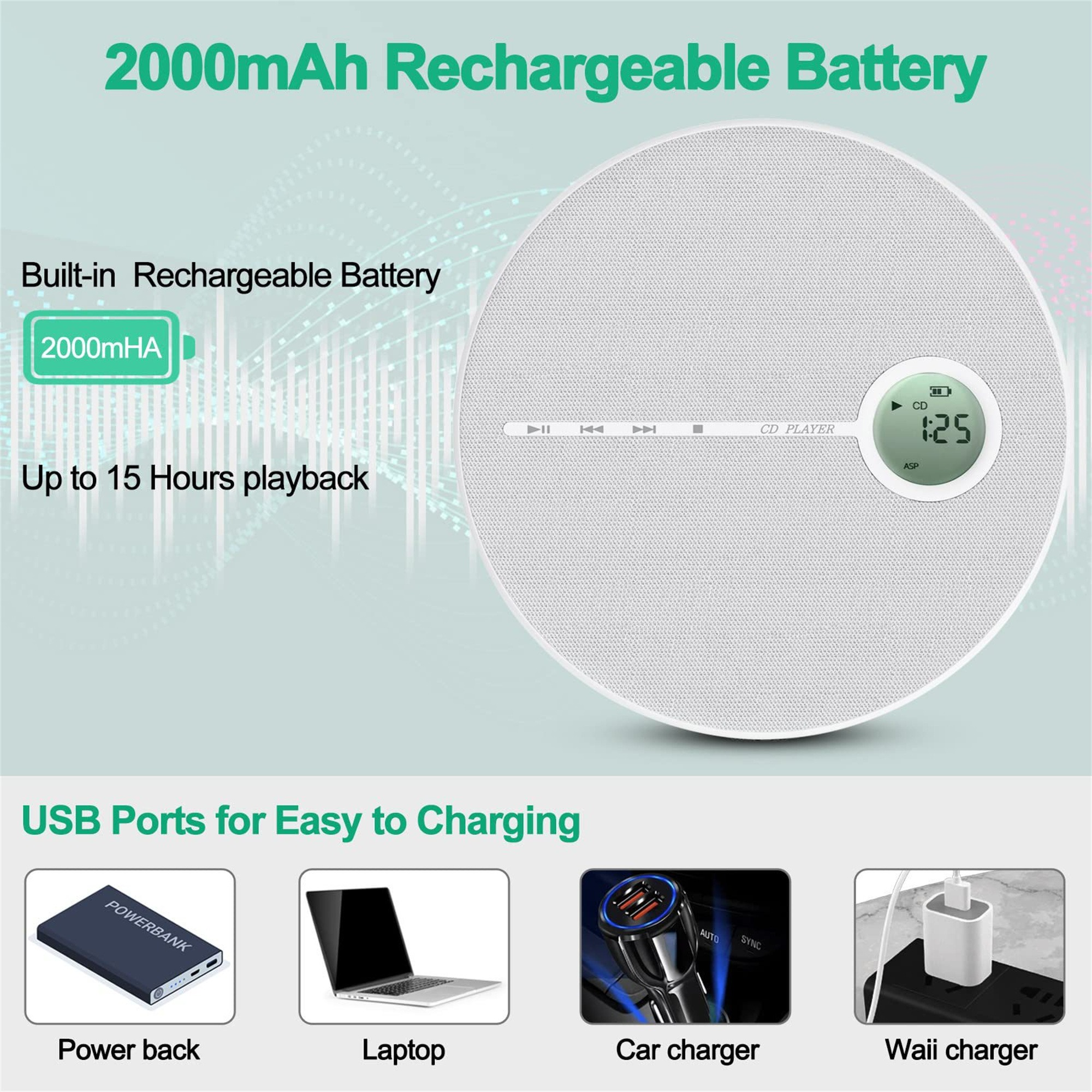 Ein weißer CD-Player mit Zeitanzeige, umgeben von Ladeoptionen.