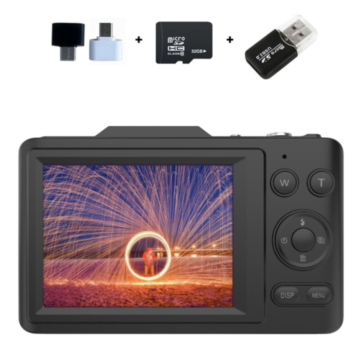 Schwarze Digitalkamera mit Zubehör und einem Bildschirm, der eine Lichtshow zeigt.