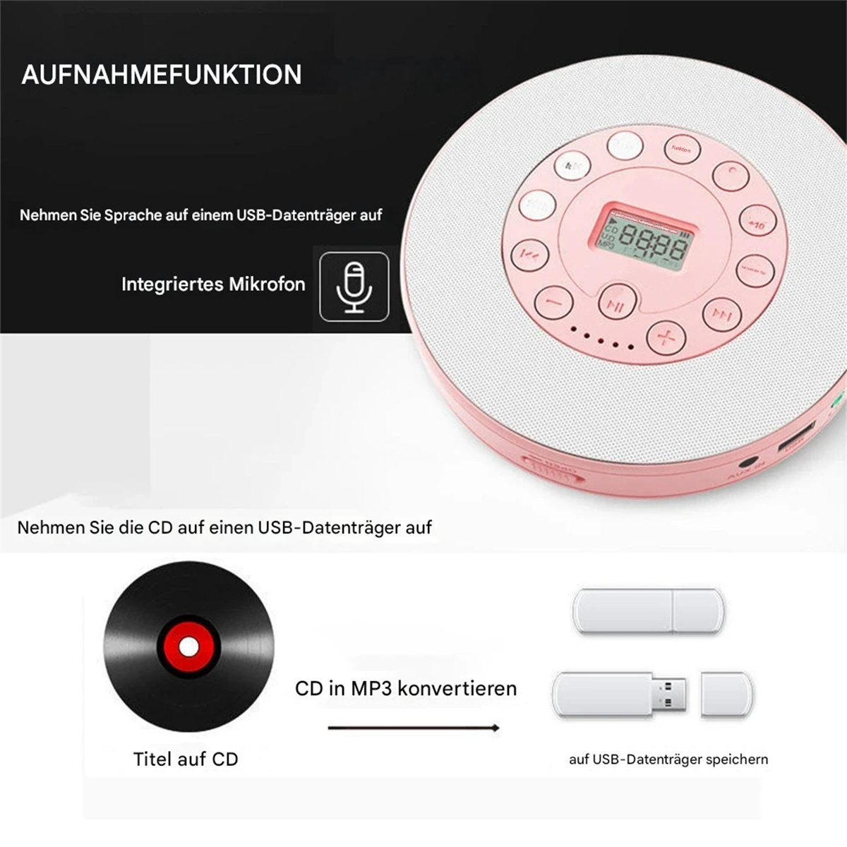 Rosa-weißer CD-Player mit Knöpfen und Display, neben einem USB-Stick.