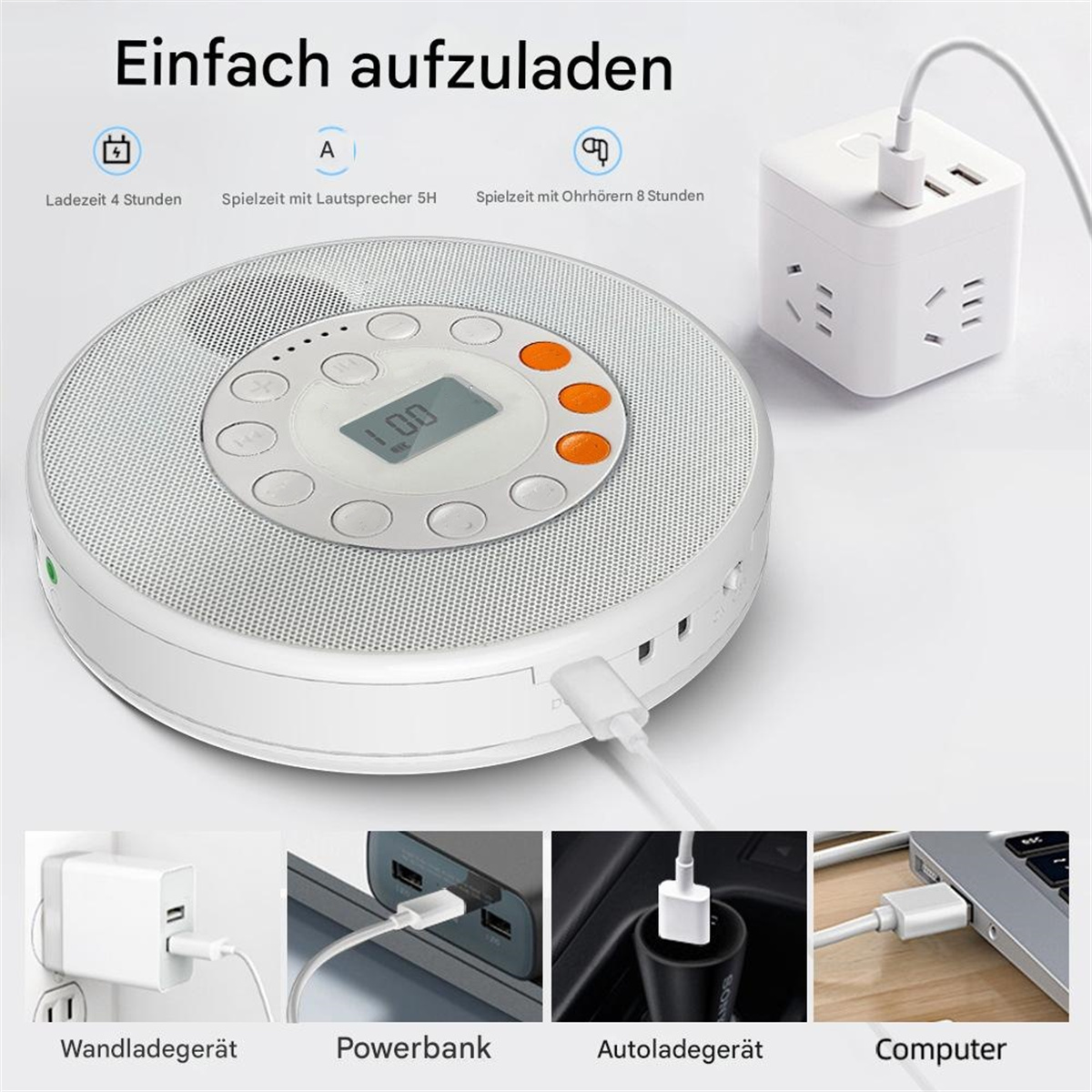 Weißer tragbarer CD-Player mit verschiedenen Anschlussmöglichkeiten und Netzteil.