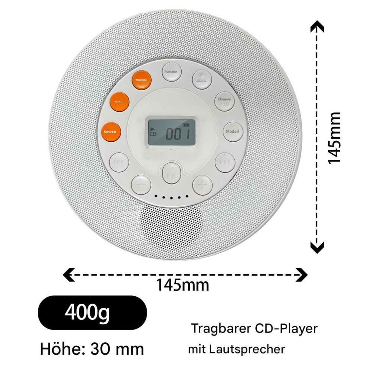 Weißer CD-Player mit Knöpfen, kleinem Display und Abmessungen im Bild angegeben.