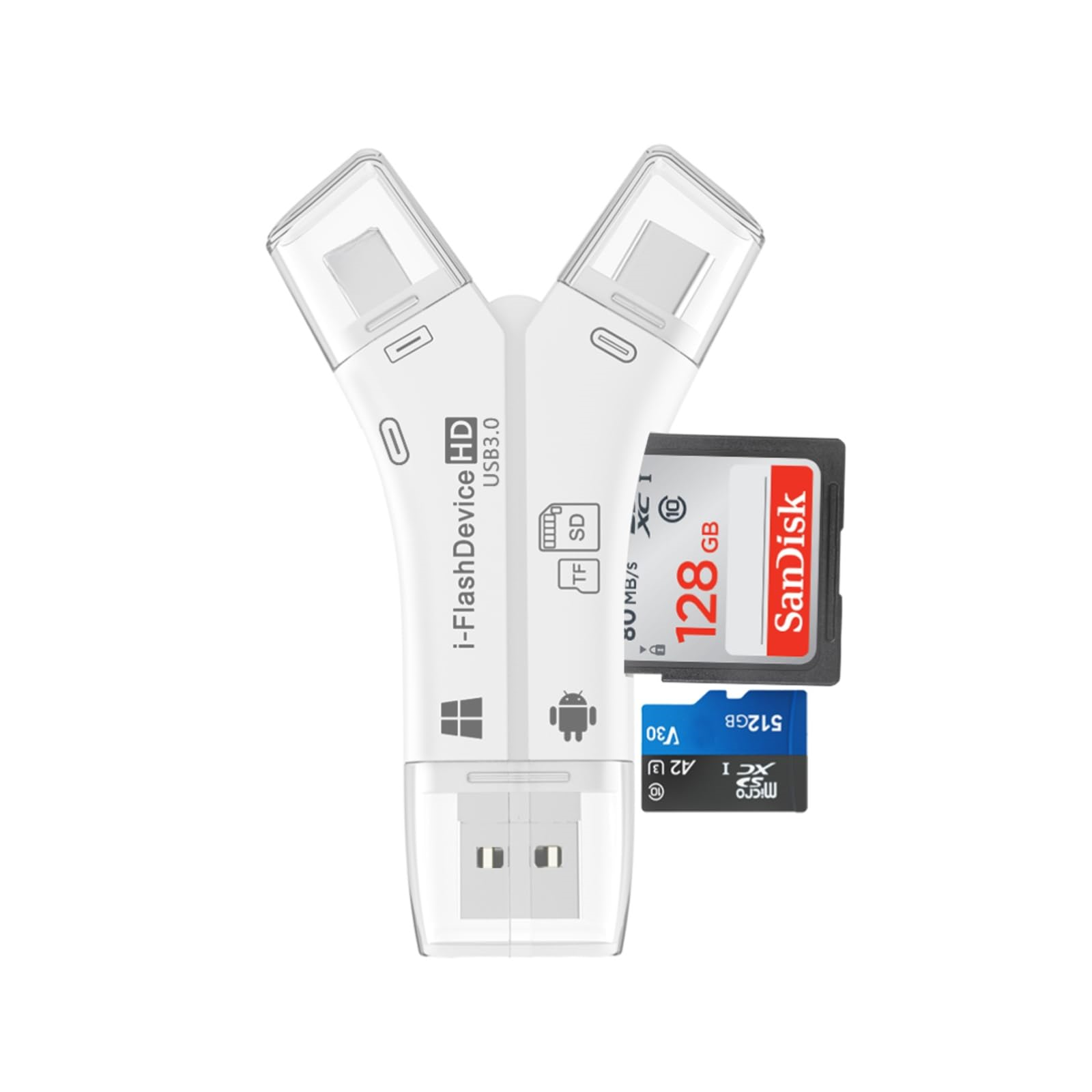 Weißer USB 3.0 Adapter mit SD-Karte und Micro-SD-Karte. Mit zwei USB-Anschlüssen.
