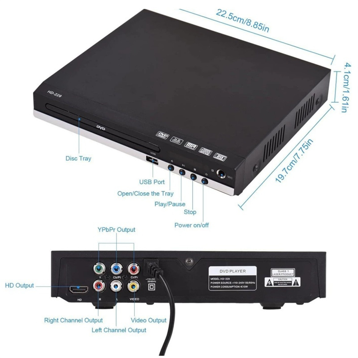 Schwarzer DVD-Player, beschriftet mit Anschlüssen und Abmessungen, mit Draufsicht und Rückansicht.