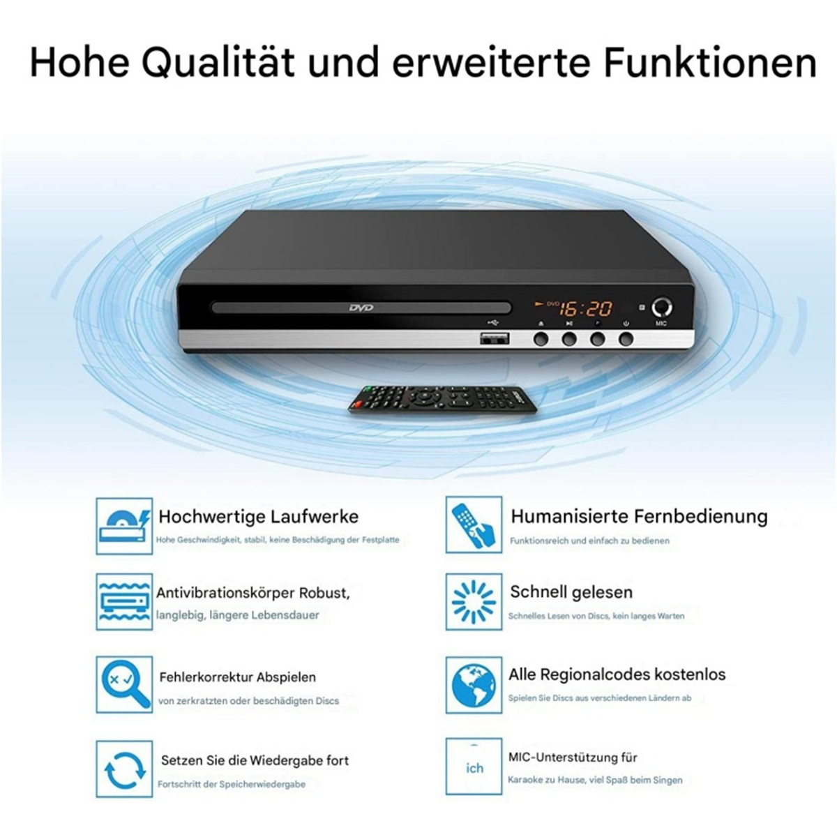 Schwarzer DVD-Player mit Fernbedienung und Text, der Funktionen hervorhebt.