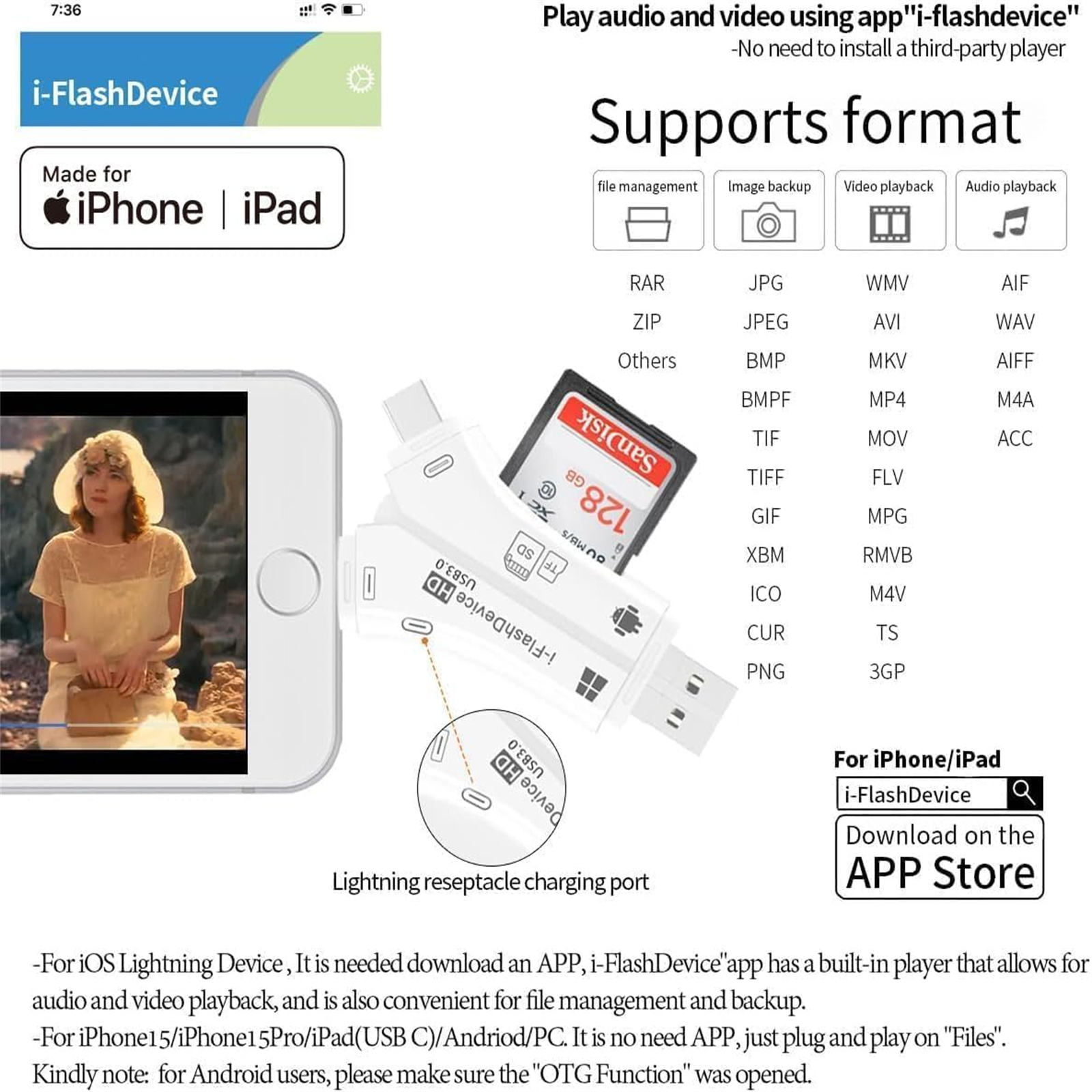 Weißes und schwarzes i-FlashDevice mit Text und Symbolen, verwendet mit iPhone und iPad.