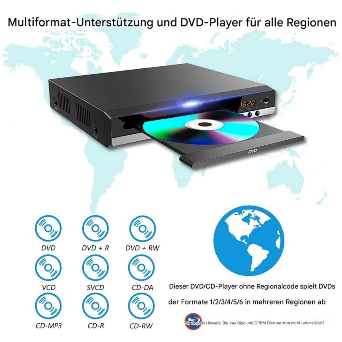 Schwarzer DVD-Player mit einer blau/grünen Disc und Icons von DVD, CD-Formaten und einer Weltkarte.