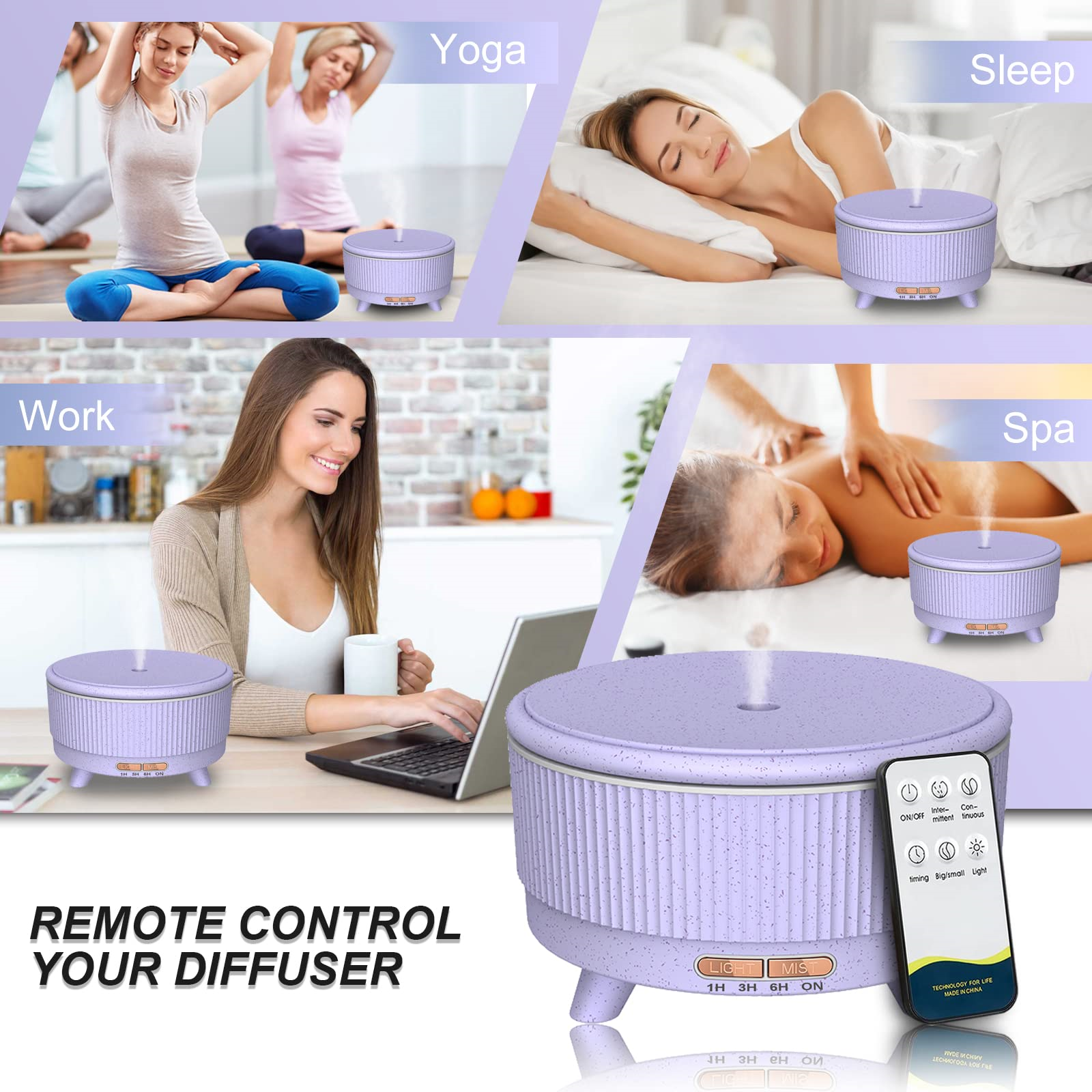 Ein Diffusor mit Personen in Yoga-, Schlaf-, Arbeits- und Spa-Umgebungen auf lila Hintergrund.
