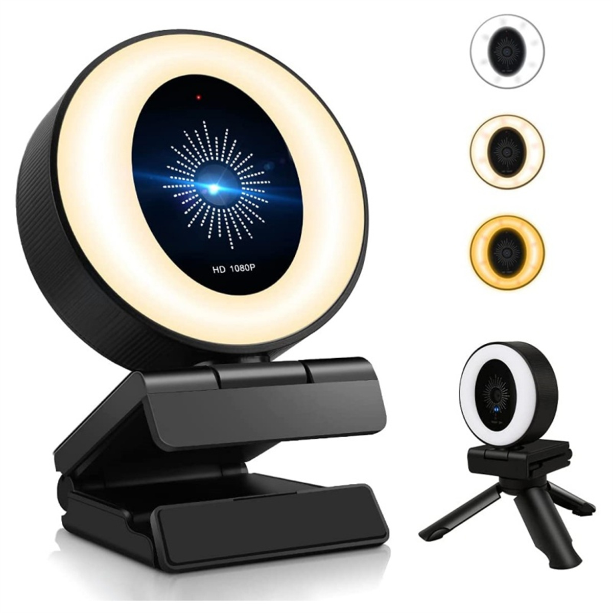Ein schwarzes Ringlicht für eine Webcam mit verschiedenen Lichteinstellungen.