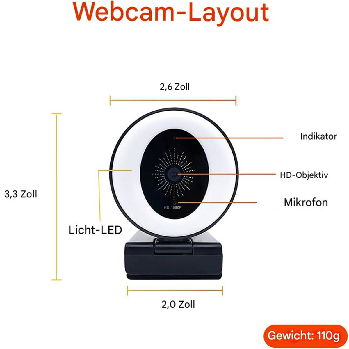 Webcam-Layout mit Abmessungen und beschrifteten Komponenten.