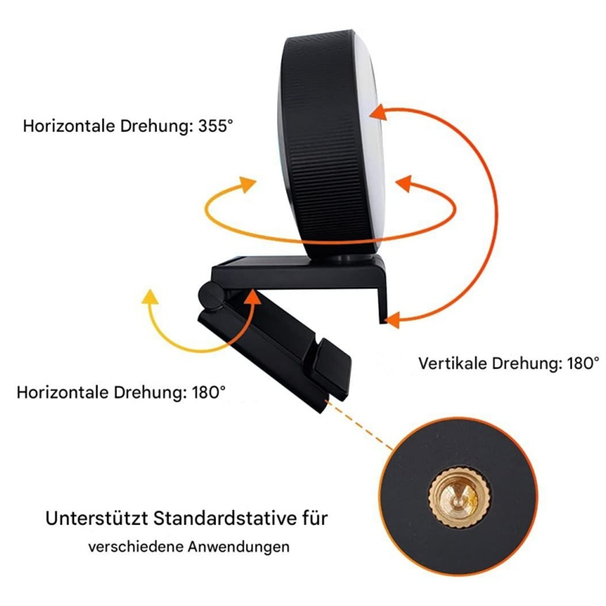 Schwarze Webcam mit Richtungsfeilen, die Drehwinkel anzeigen. Die Basis hat eine Stativschraube.