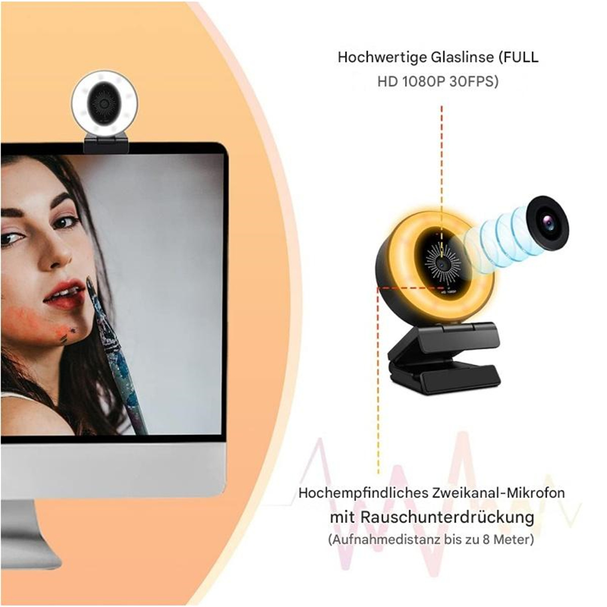 Webcam und ein Computerbildschirm mit einer Frau, die sich schminkt. Text auf Deutsch.