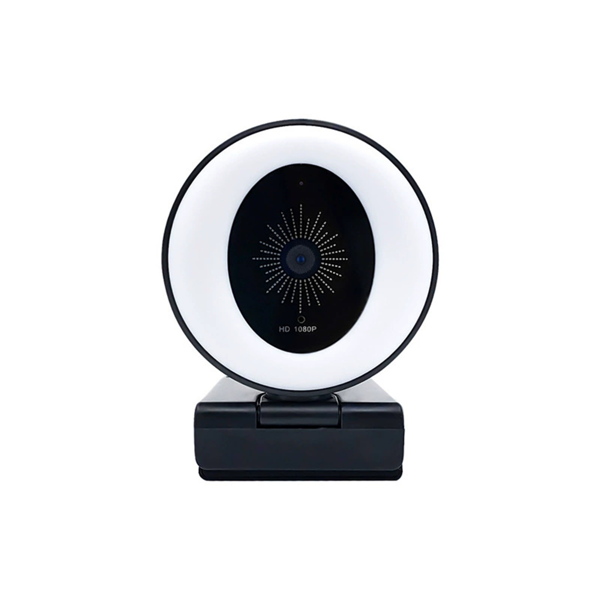 Webcam mit weißem Ringlicht, schwarze Basis.
