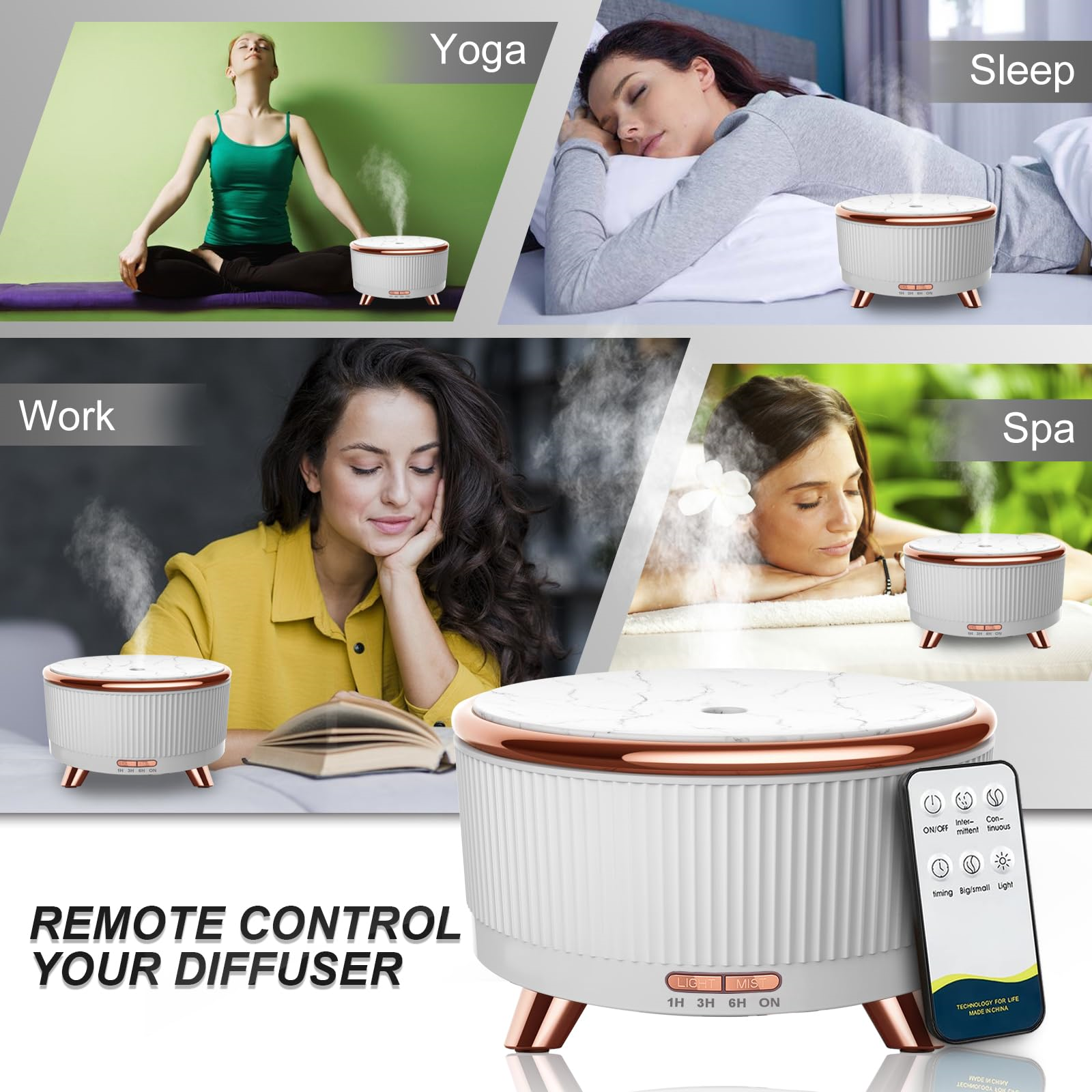 Ein Diffusor in verschiedenen Umgebungen: Yoga, Schlaf, Arbeit und Spa. Eine Fernbedienung darunter.