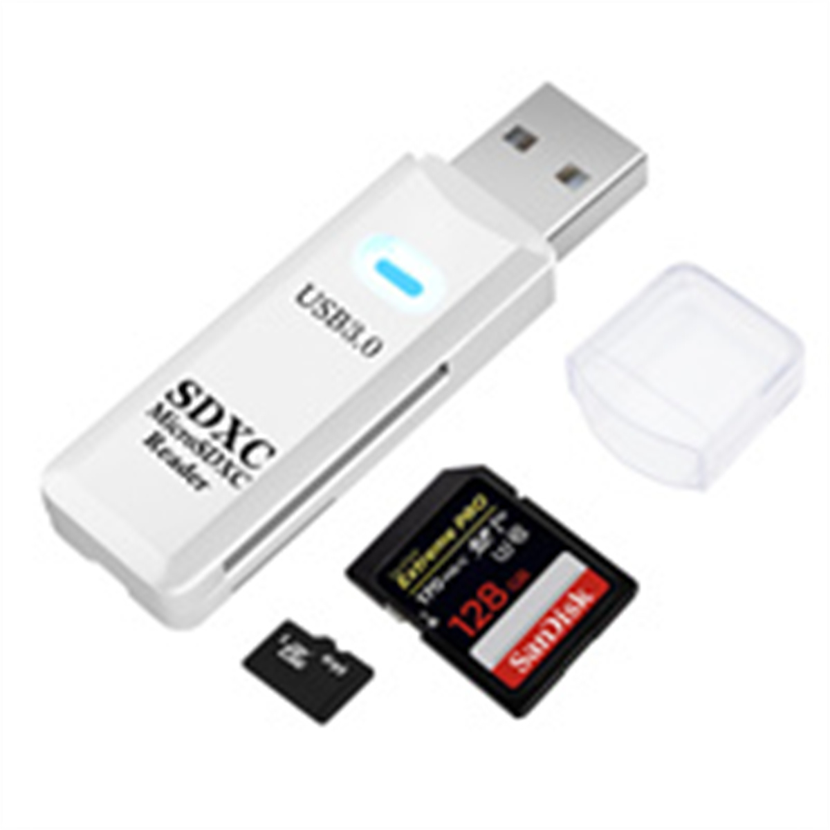 Weißer USB 3.0 SDXC-Reader mit SD-Karte und MicroSD-Karte sowie einer transparenten Kappe.