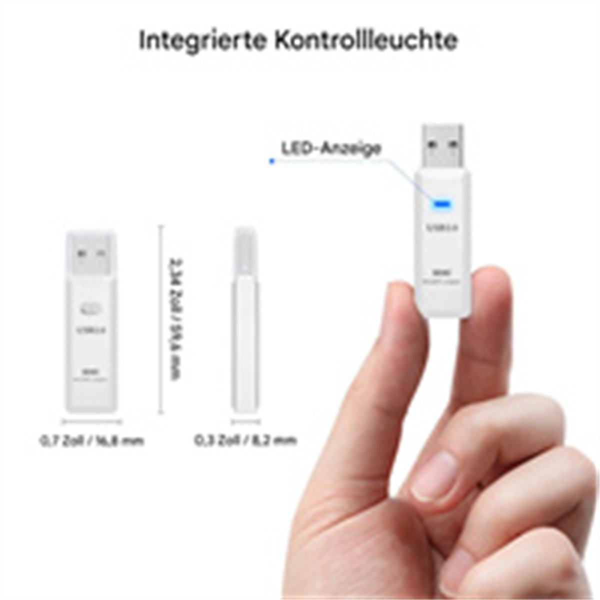 Diagramm eines USB-Adapters mit Abmessungen und LED-Anzeige, gehalten von einer Hand.