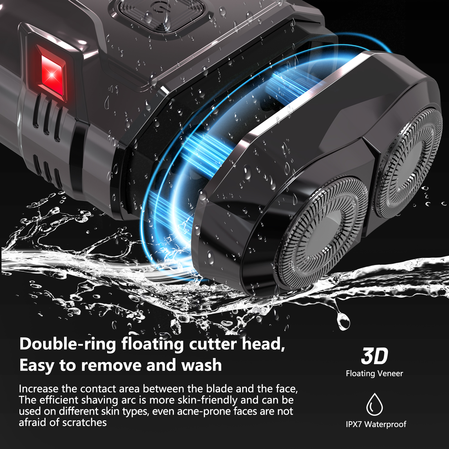 Schwarzer Elektrorasierer mit blauen Lichtdetails und Wassertropfen. Der Hintergrund ist schwarz.