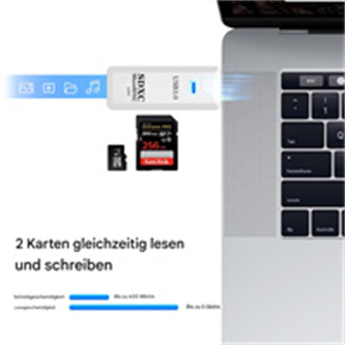 Laptop mit Kartenleser und SD-Karten, mit deutschem Text.