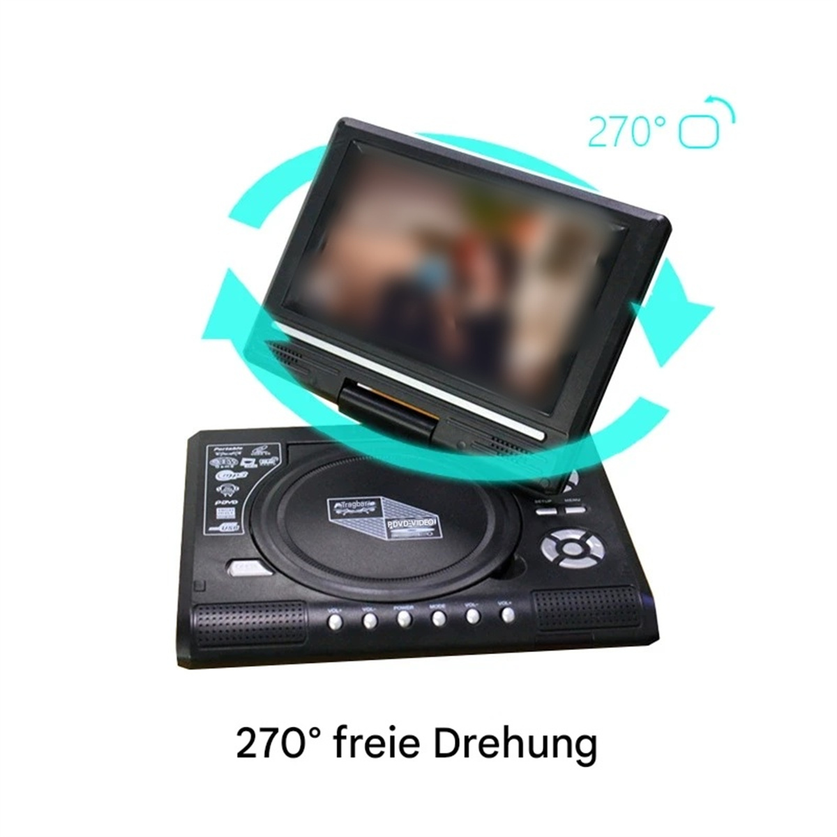 Tragbarer DVD-Player, Bildschirm um 270 Grad gedreht, mit Pfeilen, die die Drehung veranschaulichen.