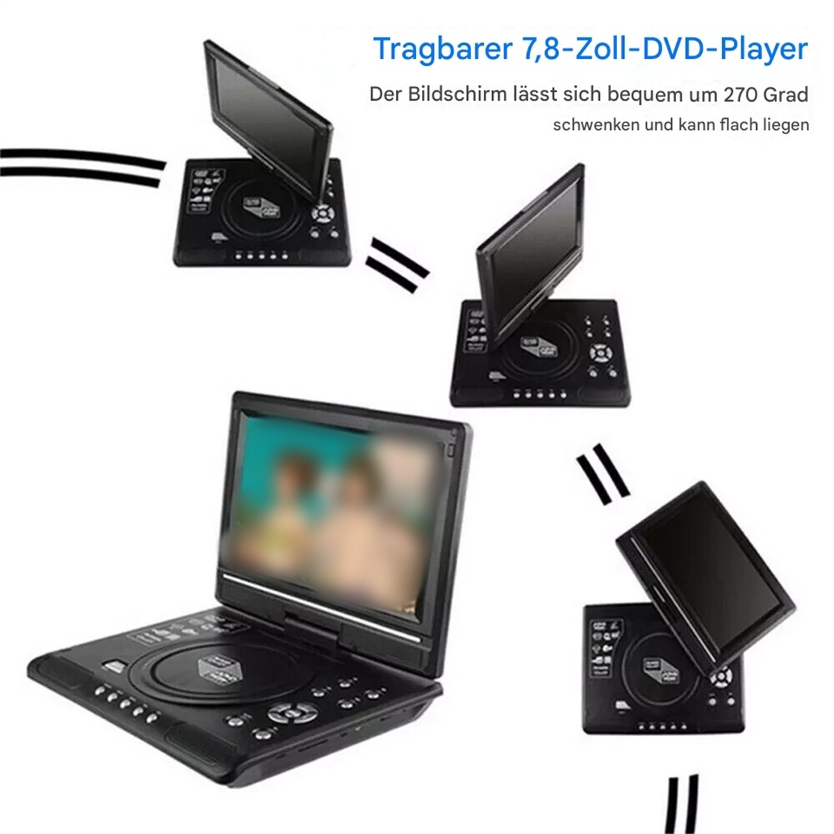 Tragbarer schwarzer DVD-Player, mit Bildschirm in verschiedenen Winkeln.