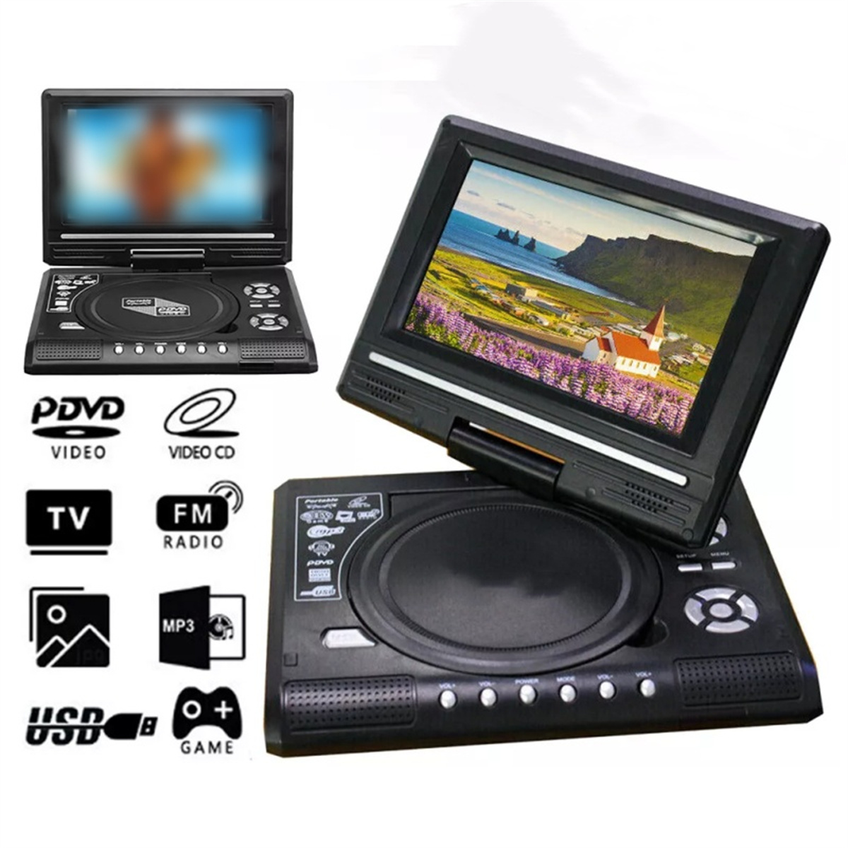 Zwei tragbare DVD-Player mit Bildschirmen und Symbolen. Weißer Hintergrund.