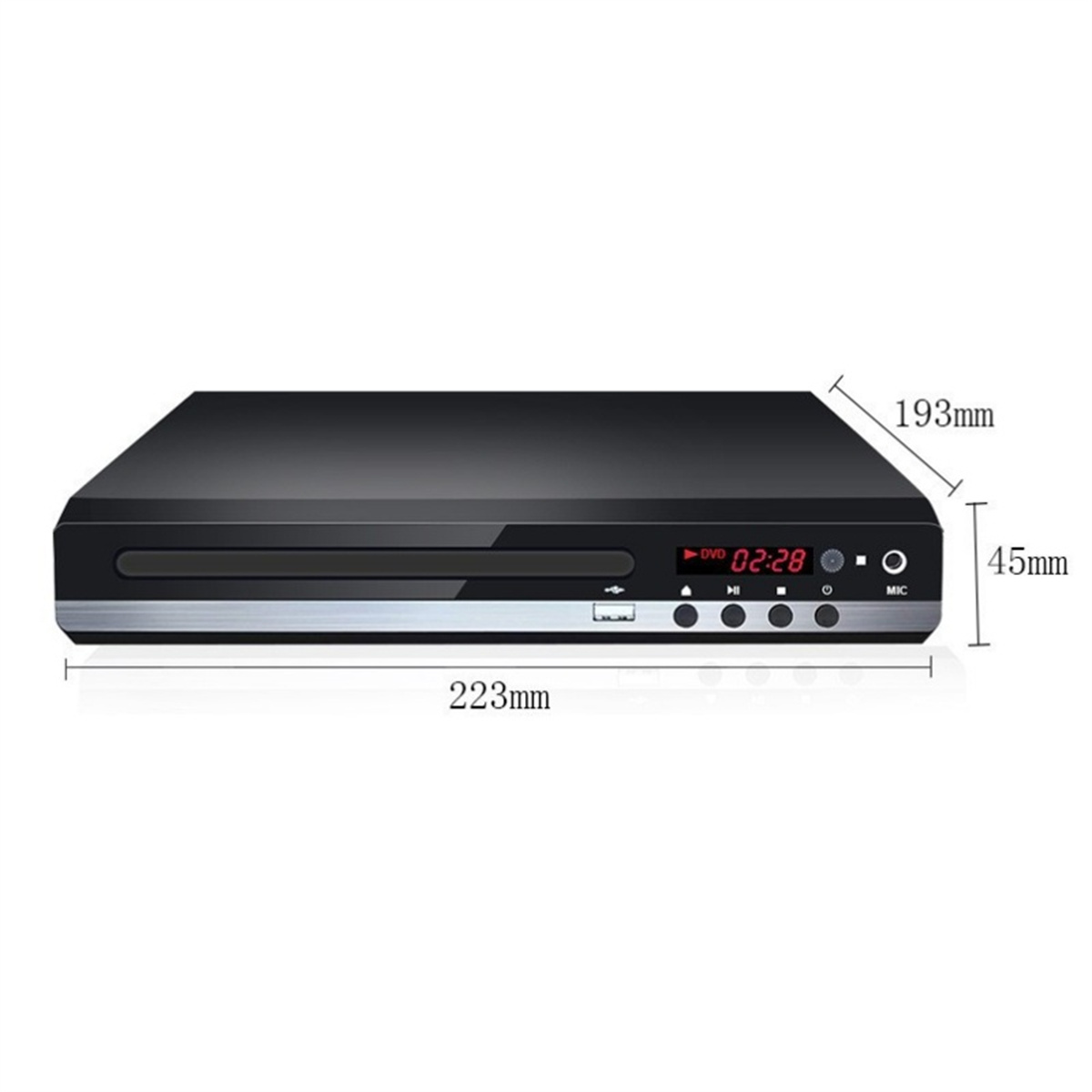 Schwarzer DVD-Player mit angezeigten Abmessungen. Es hat ein Display und Tasten.